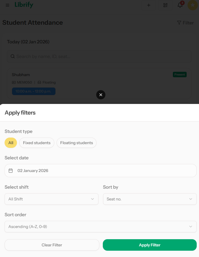 Librify Attendance Filter Panel